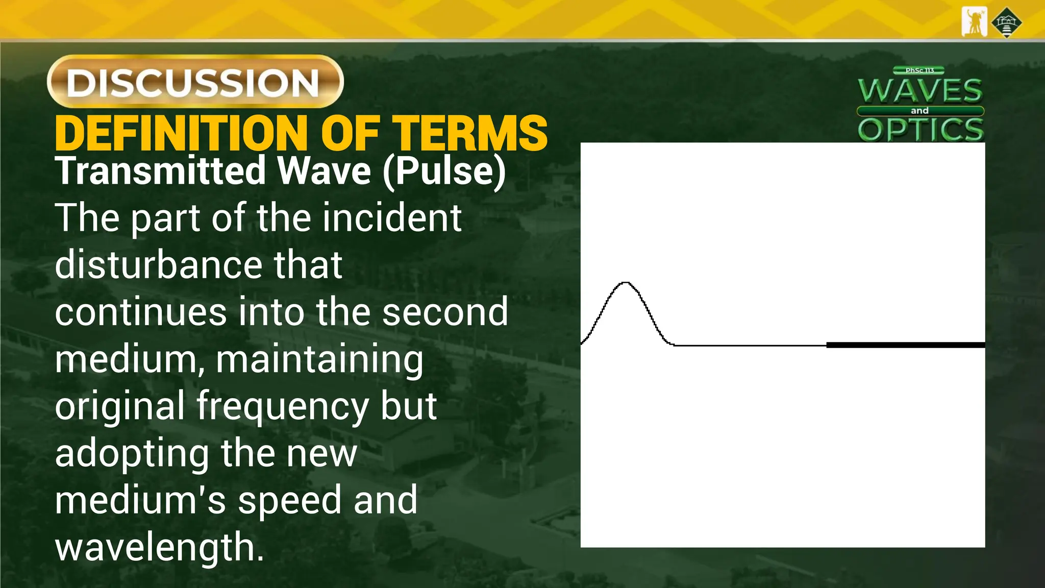 Transmitted Wave (Pulse)
The part of the incident
disturbance that
continues into the second
medium, maintaining
original frequency but
adopting the new
medium’s speed and
wavelength.
DEFINITION OF TERMS
 