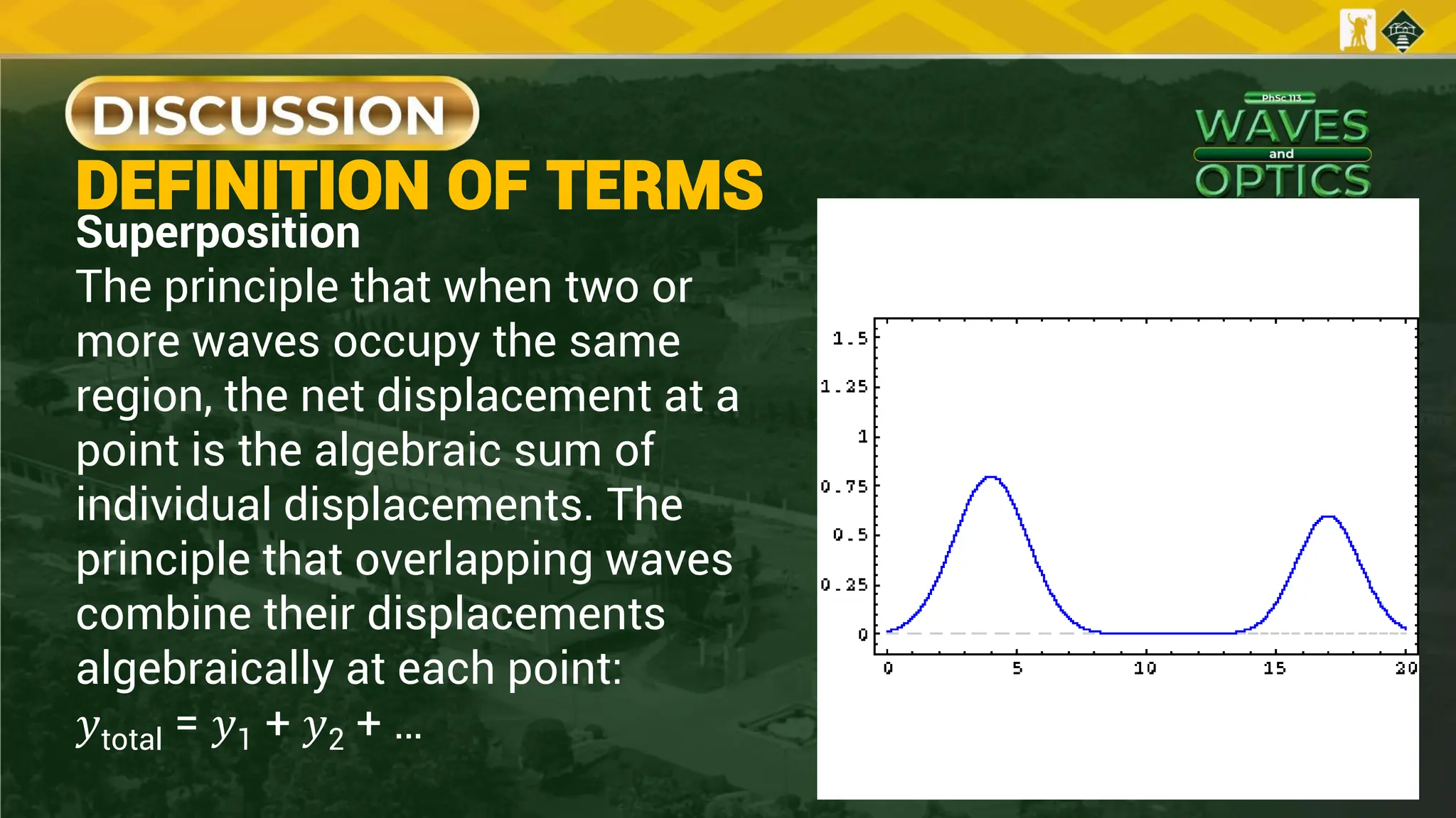 Superposition
The principle that when two or
more waves occupy the same
region, the net displacement at a
point is the algebraic sum of
individual displacements. The
principle that overlapping waves
combine their displacements
algebraically at each point:
𝑦total = 𝑦1 + 𝑦2 + …
DEFINITION OF TERMS
 