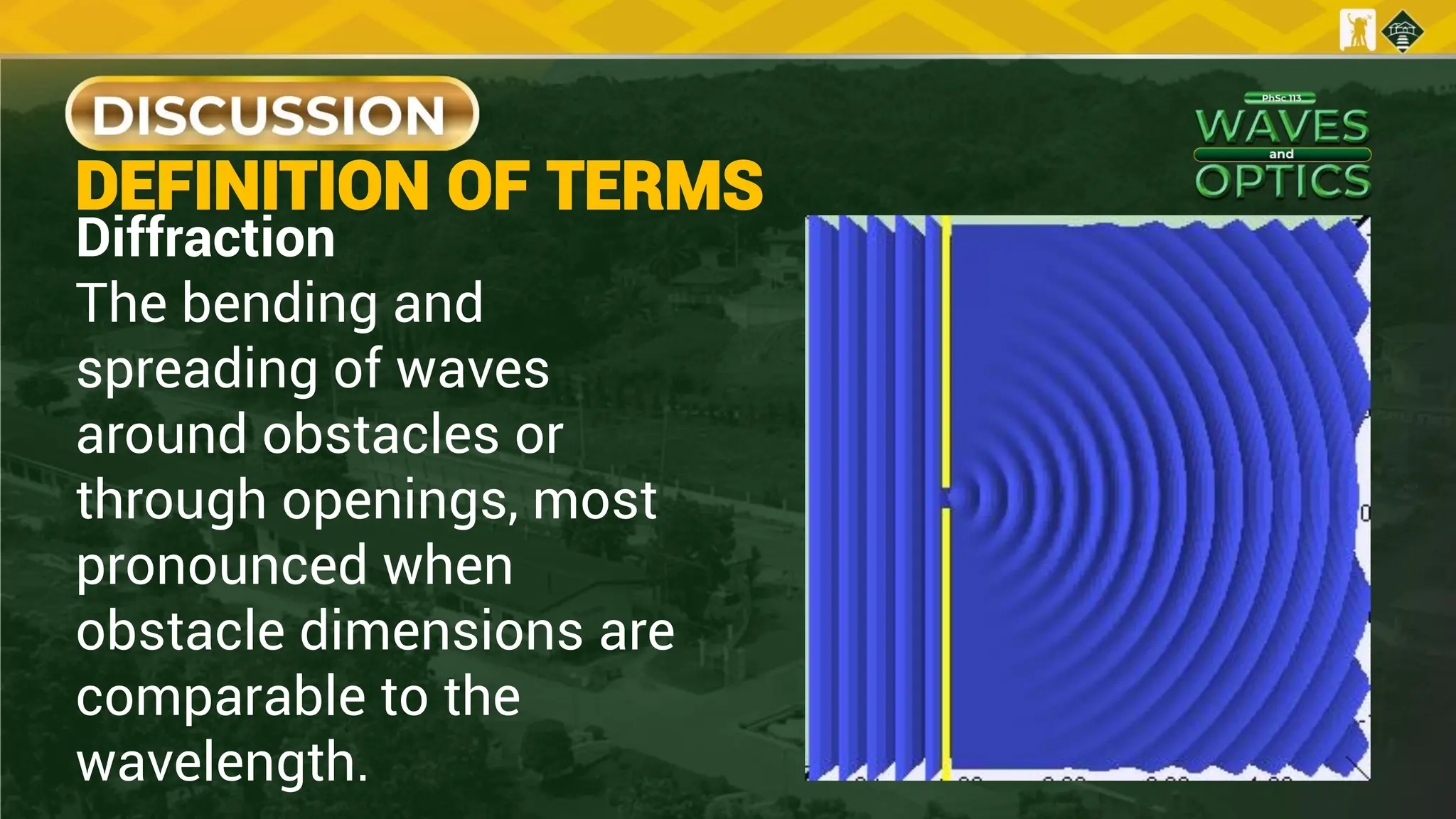 Diffraction
The bending and
spreading of waves
around obstacles or
through openings, most
pronounced when
obstacle dimensions are
comparable to the
wavelength.
DEFINITION OF TERMS
 