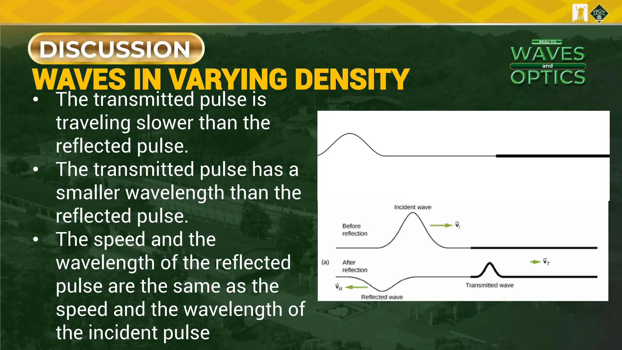 • The transmitted pulse is
traveling slower than the
reflected pulse.
• The transmitted pulse has a
smaller wavelength than the
reflected pulse.
• The speed and the
wavelength of the reflected
pulse are the same as the
speed and the wavelength of
the incident pulse
WAVES IN VARYING DENSITY
 