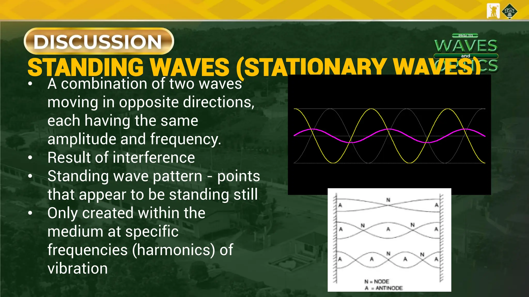 STANDING WAVES (STATIONARY WAVES)
• A combination of two waves
moving in opposite directions,
each having the same
amplitude and frequency.
• Result of interference
• Standing wave pattern - points
that appear to be standing still
• Only created within the
medium at specific
frequencies (harmonics) of
vibration
 