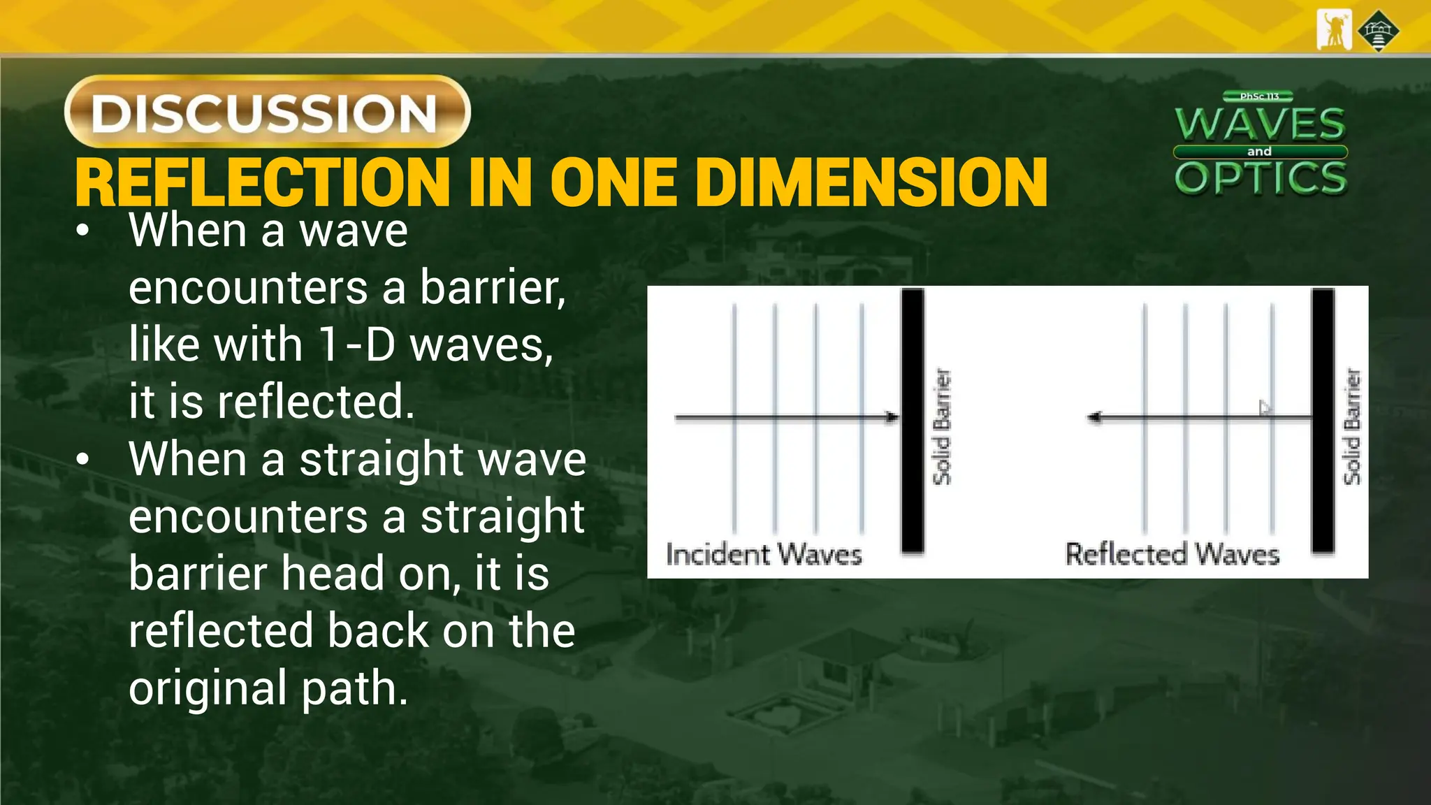 REFLECTION IN ONE DIMENSION
• When a wave
encounters a barrier,
like with 1-D waves,
it is reflected.
• When a straight wave
encounters a straight
barrier head on, it is
reflected back on the
original path.
 