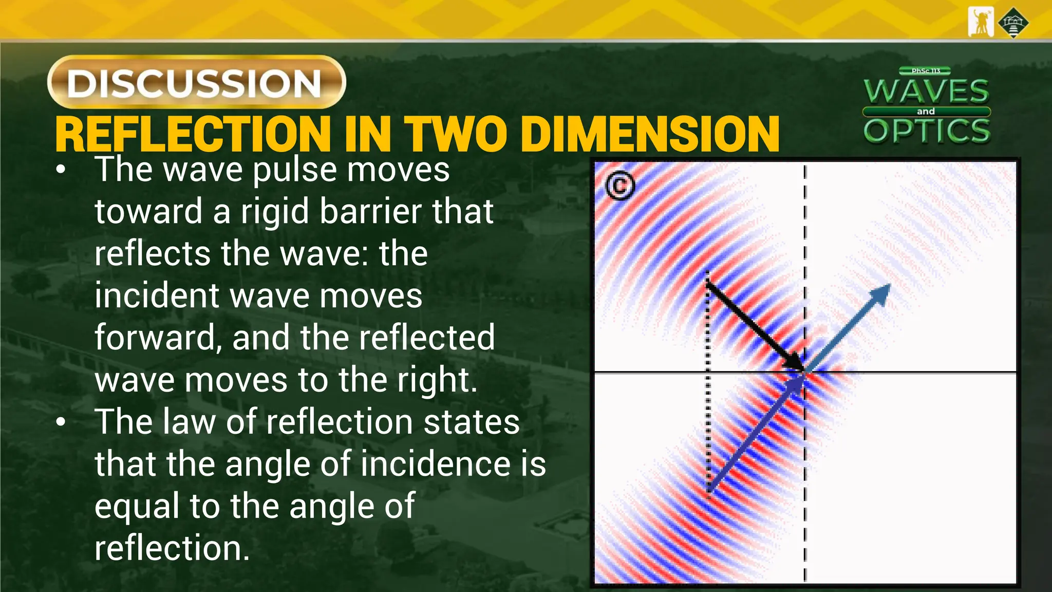REFLECTION IN TWO DIMENSION
• The wave pulse moves
toward a rigid barrier that
reflects the wave: the
incident wave moves
forward, and the reflected
wave moves to the right.
• The law of reflection states
that the angle of incidence is
equal to the angle of
reflection.
 