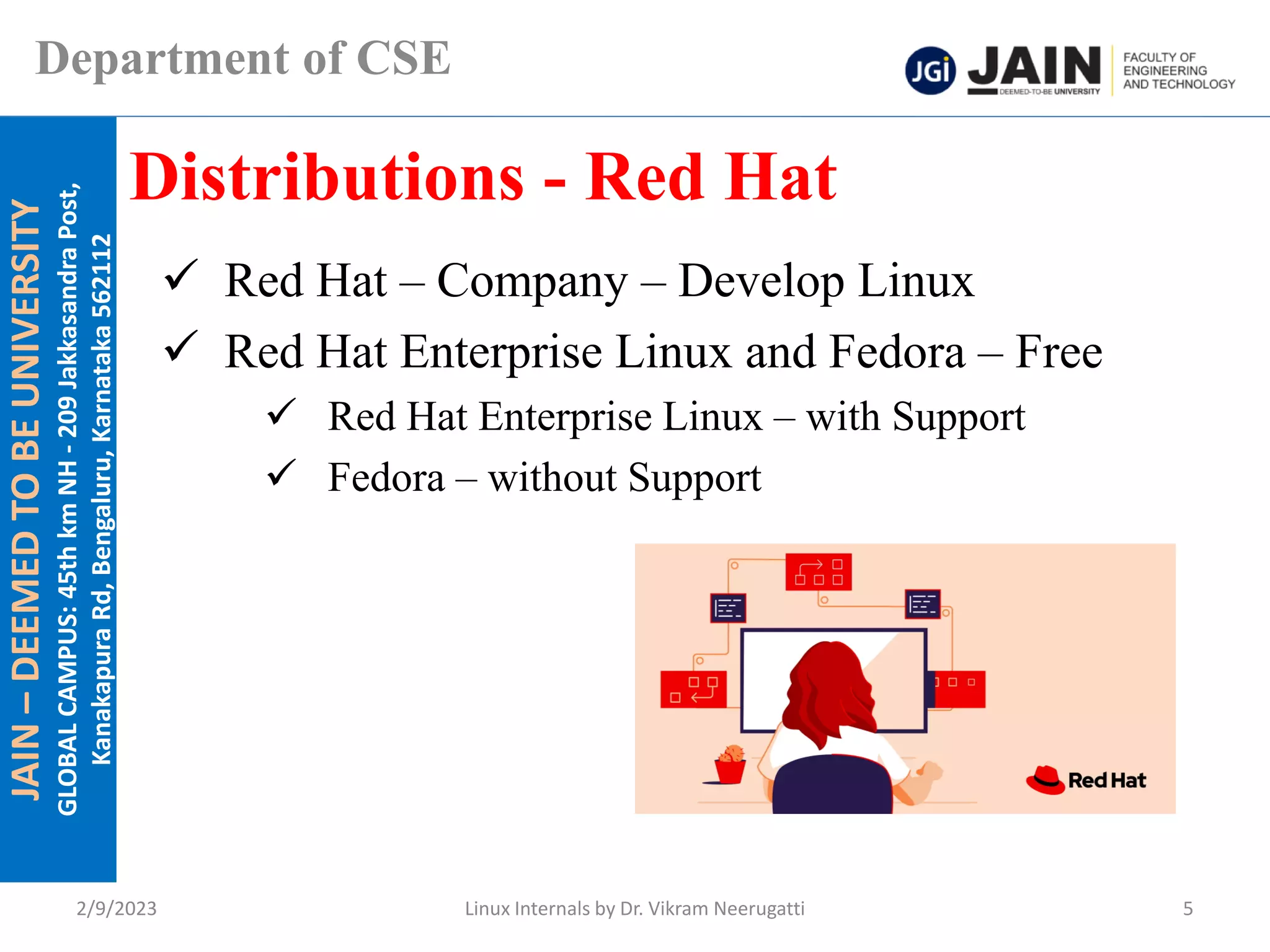JAIN
–
DEEMED
TO
BE
UNIVERSITY
GLOBAL
CAMPUS:
45th
km
NH
-
209
Jakkasandra
Post,
Kanakapura
Rd,
Bengaluru,
Karnataka
562112
Department of CSE
✓ Red Hat – Company – Develop Linux
✓ Red Hat Enterprise Linux and Fedora – Free
✓ Red Hat Enterprise Linux – with Support
✓ Fedora – without Support
Distributions - Red Hat
2/9/2023 Linux Internals by Dr. Vikram Neerugatti 5
 
