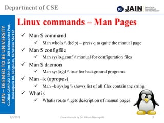 JAIN
–
DEEMED
TO
BE
UNIVERSITY
GLOBAL
CAMPUS:
45th
km
NH
-
209
Jakkasandra
Post,
Kanakapura
Rd,
Bengaluru,
Karnataka
562112
Department of CSE
✓ Man $ command
✓ Man whois  (help) – press q to quite the manual page
✓ Man $ configfile
✓ Man syslog.conf  manual for configuration files
✓ Man $ daemon
✓ Man syslogd  true for background programs
✓ Man –k (apropos)
✓ Man –k syslog  shows list of all files contain the string
✓ Whatis
✓ Whatis route  gets description of manual pages
Linux commands – Man Pages
2/9/2023 Linux Internals by Dr. Vikram Neerugatti 13
 
