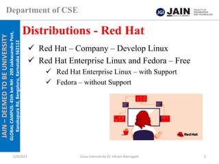 JAIN
–
DEEMED
TO
BE
UNIVERSITY
GLOBAL
CAMPUS:
45th
km
NH
-
209
Jakkasandra
Post,
Kanakapura
Rd,
Bengaluru,
Karnataka
562112
Department of CSE
✓ Red Hat – Company – Develop Linux
✓ Red Hat Enterprise Linux and Fedora – Free
✓ Red Hat Enterprise Linux – with Support
✓ Fedora – without Support
Distributions - Red Hat
2/9/2023 Linux Internals by Dr. Vikram Neerugatti 5
 
