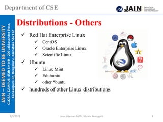 JAIN
–
DEEMED
TO
BE
UNIVERSITY
GLOBAL
CAMPUS:
45th
km
NH
-
209
Jakkasandra
Post,
Kanakapura
Rd,
Bengaluru,
Karnataka
562112
Department of CSE
✓ Red Hat Enterprise Linux
✓ CentOS
✓ Oracle Enterprise Linux
✓ Scientific Linux
✓ Ubuntu
✓ Linux Mint
✓ Edubuntu
✓ other *buntu
✓ hundreds of other Linux distributions
Distributions - Others
2/9/2023 Linux Internals by Dr. Vikram Neerugatti 8
 