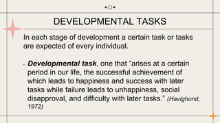 In each stage of development a certain task or tasks
are expected of every individual.
• Developmental task, one that “arises at a certain
period in our life, the successful achievement of
which leads to happiness and success with later
tasks while failure leads to unhappiness, social
disapproval, and difficulty with later tasks.” (Havighurst,
1972)
DEVELOPMENTAL TASKS
 