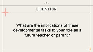 QUESTION
What are the implications of these
developmental tasks to your role as a
future teacher or parent?
 