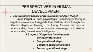 b. The Cognitive Theory of Development of Jean Piaget
Jean Piaget, a Swiss psychologist; Jean Piaget's theory of
cognitive development suggests that children move through four
different stages of learning. His theory focuses not only on
understanding how children acquire knowledge, but also on
understanding the nature of intelligence.
4 Stages of Cognitive Development:
• Sensorimotor stage
• Preoperational stage
• Concrete operational stage
• Formal operational stage
PERSPECTIVES IN HUMAN
DEVELOPMENT
 