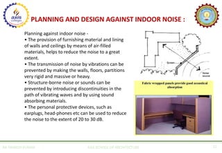 PLANNING AND DESIGN AGAINST INDOOR NOISE :
AR. MANISH KUMAR AXIS SCHOOL OF ARCHITECTURE 12
Planning against indoor noise -
• The provision of furnishing material and lining
of walls and ceilings by means of air-filled
materials, helps to reduce the noise to a great
extent.
• The transmission of noise by vibrations can be
prevented by making the walls, floors, partitions
very rigid and massive or heavy.
• Structure-borne noise or sounds can be
prevented by introducing discontinuities in the
path of vibrating waves and by using sound
absorbing materials.
• The personal protective devices, such as
earplugs, head-phones etc can be used to reduce
the noise to the extent of 20 to 30 dB.
 