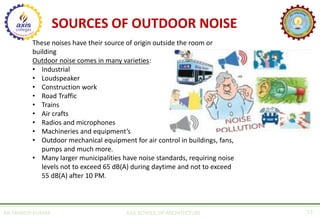 SOURCES OF OUTDOOR NOISE
AR. MANISH KUMAR AXIS SCHOOL OF ARCHITECTURE 13
These noises have their source of origin outside the room or
building
Outdoor noise comes in many varieties:
• Industrial
• Loudspeaker
• Construction work
• Road Traffic
• Trains
• Air crafts
• Radios and microphones
• Machineries and equipment’s
• Outdoor mechanical equipment for air control in buildings, fans,
pumps and much more.
• Many larger municipalities have noise standards, requiring noise
levels not to exceed 65 dB(A) during daytime and not to exceed
55 dB(A) after 10 PM.
 