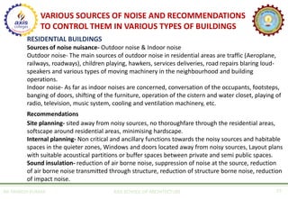 AR. MANISH KUMAR AXIS SCHOOL OF ARCHITECTURE 19
RESIDENTIAL BUILDINGS
Sources of noise nuisance- Outdoor noise & Indoor noise
Outdoor noise- The main sources of outdoor noise in residential areas are traffic (Aeroplane,
railways, roadways), children playing, hawkers, services deliveries, road repairs blaring loud-
speakers and various types of moving machinery in the neighbourhood and building
operations.
Indoor noise- As far as indoor noises are concerned, conversation of the occupants, footsteps,
banging of doors, shifting of the furniture, operation of the cistern and water closet, playing of
radio, television, music system, cooling and ventilation machinery, etc.
Recommendations
Site planning- sited away from noisy sources, no thoroughfare through the residential areas,
softscape around residential areas, minimising hardscape.
Internal planning- Non critical and ancillary functions towards the noisy sources and habitable
spaces in the quieter zones, Windows and doors located away from noisy sources, Layout plans
with suitable acoustical partitions or buffer spaces between private and semi public spaces.
Sound insulation- reduction of air borne noise, suppression of noise at the source, reduction
of air borne noise transmitted through structure, reduction of structure borne noise, reduction
of impact noise.
VARIOUS SOURCES OF NOISE AND RECOMMENDATIONS
TO CONTROL THEM IN VARIOUS TYPES OF BUILDINGS
 