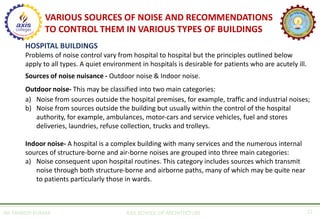 AR. MANISH KUMAR AXIS SCHOOL OF ARCHITECTURE 22
HOSPITAL BUILDINGS
Problems of noise control vary from hospital to hospital but the principles outlined below
apply to all types. A quiet environment in hospitals is desirable for patients who are acutely ill.
Sources of noise nuisance - Outdoor noise & Indoor noise.
Outdoor noise- This may be classified into two main categories:
a) Noise from sources outside the hospital premises, for example, traffic and industrial noises;
b) Noise from sources outside the building but usually within the control of the hospital
authority, for example, ambulances, motor-cars and service vehicles, fuel and stores
deliveries, laundries, refuse collection, trucks and trolleys.
Indoor noise- A hospital is a complex building with many services and the numerous internal
sources of structure-borne and air-borne noises are grouped into three main categories:
a) Noise consequent upon hospital routines. This category includes sources which transmit
noise through both structure-borne and airborne paths, many of which may be quite near
to patients particularly those in wards.
VARIOUS SOURCES OF NOISE AND RECOMMENDATIONS
TO CONTROL THEM IN VARIOUS TYPES OF BUILDINGS
 