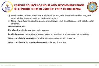 AR. MANISH KUMAR AXIS SCHOOL OF ARCHITECTURE 23
b) Loudspeaker, radio or television, audible call system, telephone bells and buzzers, and
other air-borne noises, such as loud conversation.
c) Noises from fixed or mobile equipment and services not directly concerned with hospital
routines.
Recommendations
Site planning- sited away from noisy sources
Detailed planning - arranging of spaces based on functions and numerous other factors.
Reduction of noise at source - use of resilient materials, other measures
Reduction of noise by structural means - Insulation, Absorption
VARIOUS SOURCES OF NOISE AND RECOMMENDATIONS
TO CONTROL THEM IN VARIOUS TYPES OF BUILDINGS
 