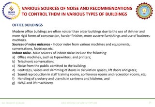 AR. MANISH KUMAR AXIS SCHOOL OF ARCHITECTURE 24
OFFICE BUILDINGS
Modern office buildings are often noisier than older buildings due to the use of thinner and
more rigid forms of construction, harder finishes, more austere furnishings and use of business
machines.
Sources of noise nuisance - Indoor noise from various machines and equipments,
conversations, footsteps etc.
Indoor noise- Main sources of indoor noise include the following:
a) Office machines, such as typewriters, and printers;
b) Telephonic conversation;
c) Noise from the public admitted to the building;
d) Footsteps, voices and slamming of doors in circulation spaces, lift doors and gates;
e) Sound reproduction in staff training rooms, conference rooms and recreation rooms, etc;
f) Handling of crockery and utensils in canteens and kitchens; and
g) HVAC and lift machinery.
VARIOUS SOURCES OF NOISE AND RECOMMENDATIONS
TO CONTROL THEM IN VARIOUS TYPES OF BUILDINGS
 