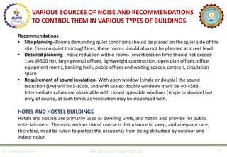AR. MANISH KUMAR AXIS SCHOOL OF ARCHITECTURE 25
Recommendations
• Site planning- Rooms demanding quiet conditions should be placed on the quiet side of the
site. Even on quiet thoroughfares, these rooms should also not be planned at street level.
• Detailed planning - noise reduction within rooms (reverberation time should not exceed
1sec @500 Hz), large general offices, lightweight construction, open plan offices, office
equipment rooms, banking halls, public offices and waiting spaces, canteen, circulation
space
• Requirement of sound insulation- With open window (single or double) the sound
reduction (Dw) will be 5-10dB, and with sealed double windows it will be 40-45dB.
Intermediate values are obtainable with closed openable windows (single or double) but
only, of course, at such times as ventilation may be dispensed with.
HOTEL AND HOSTEL BUILDINGS
Hotels and hostels are primarily used as dwelling units, and hotels also provide for public
entertainment. The most serious risk of course is disturbance to sleep, and adequate care,
therefore, need be taken to protect the occupants from being disturbed by outdoor and
indoor noise.
VARIOUS SOURCES OF NOISE AND RECOMMENDATIONS
TO CONTROL THEM IN VARIOUS TYPES OF BUILDINGS
 
