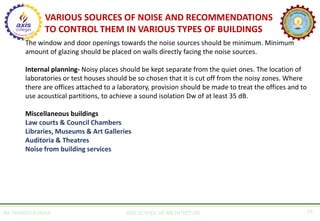 AR. MANISH KUMAR AXIS SCHOOL OF ARCHITECTURE 29
The window and door openings towards the noise sources should be minimum. Minimum
amount of glazing should be placed on walls directly facing the noise sources.
Internal planning- Noisy places should be kept separate from the quiet ones. The location of
laboratories or test houses should be so chosen that it is cut off from the noisy zones. Where
there are offices attached to a laboratory, provision should be made to treat the offices and to
use acoustical partitions, to achieve a sound isolation Dw of at least 35 dB.
Miscellaneous buildings
Law courts & Council Chambers
Libraries, Museums & Art Galleries
Auditoria & Theatres
Noise from building services
VARIOUS SOURCES OF NOISE AND RECOMMENDATIONS
TO CONTROL THEM IN VARIOUS TYPES OF BUILDINGS
 