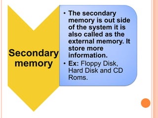 Secondary
memory
• The secondary
memory is out side
of the system it is
also called as the
external memory. It
store more
information.
• Ex: Floppy Disk,
Hard Disk and CD
Roms.
 