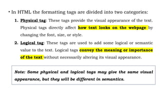 Introduction to the web, WWW architecture, Fundamentals of HTML, Text ...