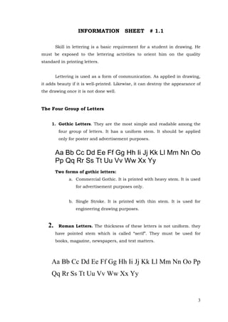 3
INFORMATION SHEET # 1.1
Skill in lettering is a basic requirement for a student in drawing. He
must be exposed to the lettering activities to orient him on the quality
standard in printing letters.
Lettering is used as a form of communication. As applied in drawing,
it adds beauty if it is well-printed. Likewise, it can destroy the appearance of
the drawing once it is not done well.
The Four Group of Letters
1. Gothic Letters. They are the most simple and readable among the
four group of letters. It has a uniform stem. It should be applied
only for poster and advertisement purposes.
Aa Bb Cc Dd Ee Ff Gg Hh Ii Jj Kk Ll Mm Nn Oo
Pp Qq Rr Ss Tt Uu Vv Ww Xx Yy
Two forms of gothic letters:
a. Commercial Gothic. It is printed with heavy stem. It is used
for advertisement purposes only.
b. Single Stroke. It is printed with thin stem. It is used for
engineering drawing purposes.
2. Roman Letters. The thickness of these letters is not uniform. they
have pointed stem which is called “serif”. They must be used for
books, magazine, newspapers, and text matters.
Aa Bb Cc Dd Ee Ff Gg Hh Ii Jj Kk Ll Mm Nn Oo Pp
Qq Rr Ss Tt Uu Vv Ww Xx Yy
 
