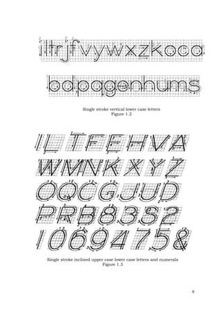 9
Single stroke vertical lower case letters
Figure 1.2
Single stroke inclined upper case lower case letters and numerals
Figure 1.3
 