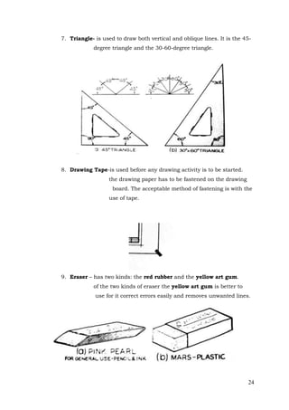 24
7. Triangle- is used to draw both vertical and oblique lines. It is the 45-
degree triangle and the 30-60-degree triangle.
8. Drawing Tape-is used before any drawing activity is to be started.
the drawing paper has to be fastened on the drawing
board. The acceptable method of fastening is with the
use of tape.
9. Eraser – has two kinds: the red rubber and the yellow art gum.
of the two kinds of eraser the yellow art gum is better to
use for it correct errors easily and removes unwanted lines.
 
