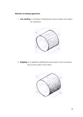 30
Methods of shading application
1. Line shading. A technique of showing the various shades of an object
by using lines.
2. Stippling. It is applied by dabbing the pencil point or pen to produce
dots on the surface of the object.
 