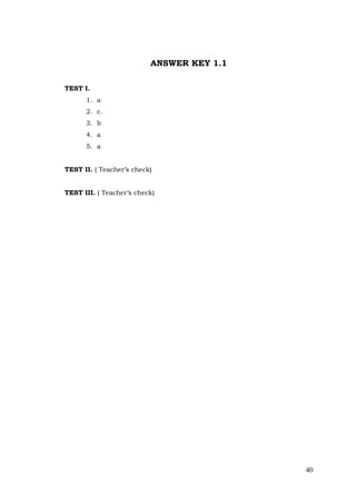 40
ANSWER KEY 1.1
TEST I.
1. a
2. c.
3. b
4. a
5. a
TEST II. ( Teacher’s check)
TEST III. ( Teacher’s check)
 
