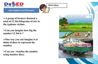1.)How many 10 000 do we have?___________
2.) How many hundreds do we have? ___________
3.) How many tens? How many ones?___________
Let’s Explore and Discover!
A group of farmers donated a
total of 12 364 kilograms of rice to
the typhoon victims.
Can you imagine how big the
number 12 364 is ?
One way you can imagine is to
think of discs to represent the
number.
Can you visualize the number
using number discs.
 