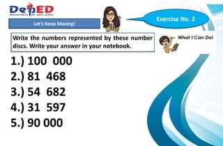 1.)How many 10 000 do we have?___________
2.) How many hundreds do we have? ___________
3.) How many tens? How many ones?___________
Let’s Keep Moving!
Write the numbers represented by these number
discs. Write your answer in your notebook.
1.) 100 000
2.) 81 468
3.) 54 682
4.) 31 597
5.) 90 000
Exercise No. 2
 