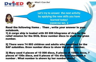 1.)How many 10 000 do we have?___________
2.) How many hundreds do we have? ___________
3.) How many tens? How many ones?___________
Let’s try to answer the next activity
by applying the new skills you have
learned today!
EXERCISE NO. 3
Read the following items . Then , write your answer in your
notebook.
1] A cargo ship is loaded with 65 650 kilograms of rice for the
relief mission for the GCQ. Draw number discs to show the given
number.
2] There were 74 893 children and adults who benefited for the
SAF subsidies. Draw number discs to show the given number.
3] Mary used 4 pieces of 10 000 discs, 8 pieces of 1000s discs, 7
pieces of 100s discs, and 6 pieces of 10s discs to represent a
number . What number is shown by her number discs?
 