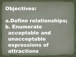 Objectives:
a.Define relationships;
b. Enumerate
acceptable and
unacceptable
expressions of
attractions
 