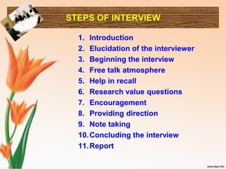 STEPS OF INTERVIEW
1. Introduction
2. Elucidation of the interviewer
3. Beginning the interview
4. Free talk atmosphere
5. Help in recall
6. Research value questions
7. Encouragement
8. Providing direction
9. Note taking
10.Concluding the interview
11.Report
 