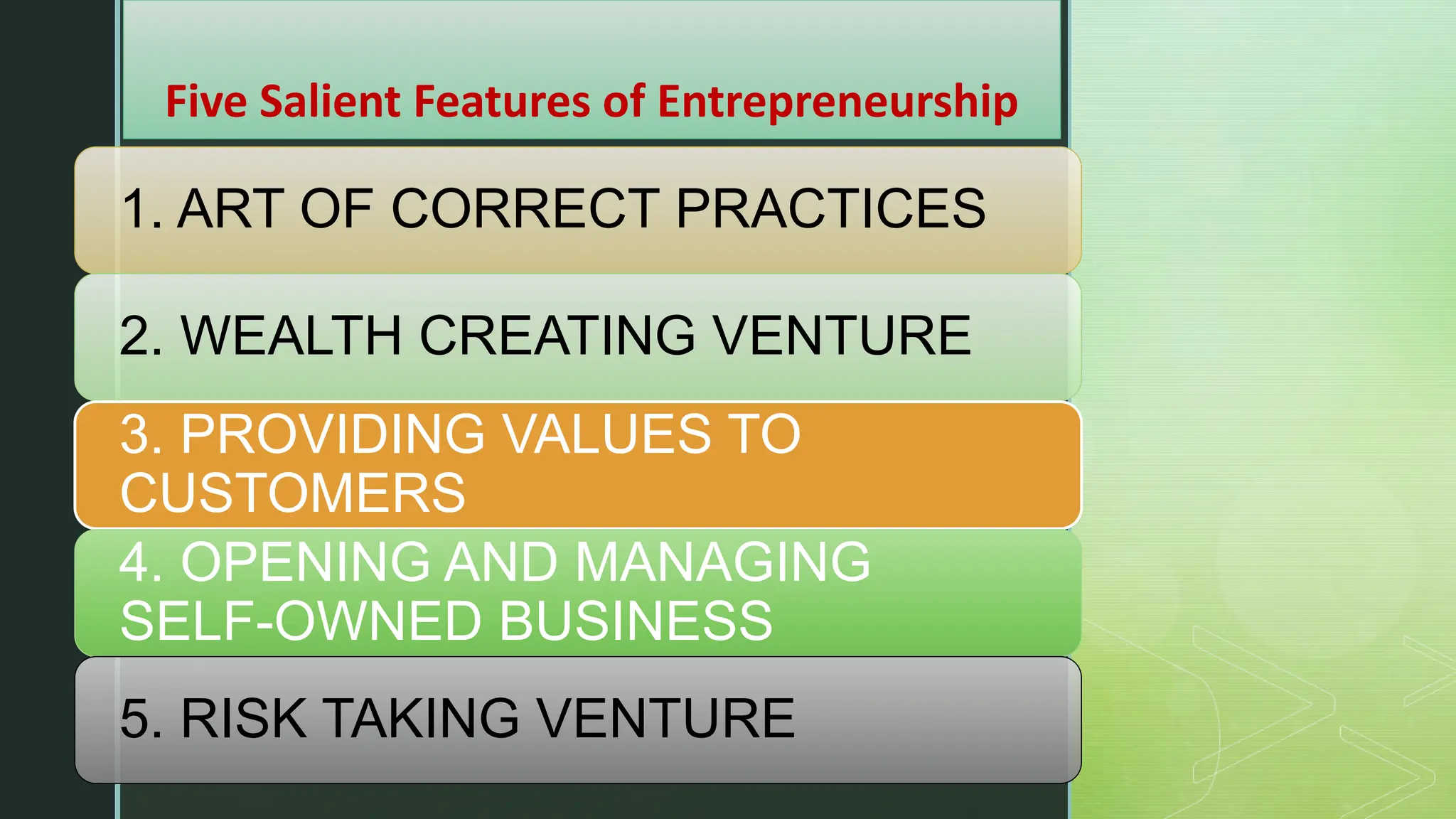 z
Five Salient Features of Entrepreneurship
1. ART OF CORRECT PRACTICES
2. WEALTH CREATING VENTURE
3. PROVIDING VALUES TO
CUSTOMERS
4. OPENING AND MANAGING
SELF-OWNED BUSINESS
5. RISK TAKING VENTURE
 