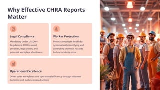 Why Effective CHRA Reports
Matter
Legal Compliance
Mandatory under USECHH
Regulations 2000 to avoid
penalties, legal action, and
potential workplace shutdowns
Worker Protection
Protects employee health by
systematically identifying and
controlling chemical hazards
before incidents occur
Operational Excellence
Drives safer workplaces and operational efficiency through informed
decisions and evidence-based actions
 