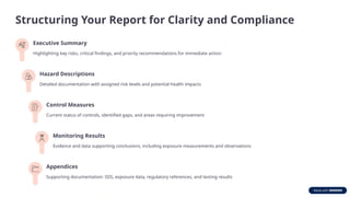 Structuring Your Report for Clarity and Compliance
Executive Summary
Highlighting key risks, critical findings, and priority recommendations for immediate action
Hazard Descriptions
Detailed documentation with assigned risk levels and potential health impacts
Control Measures
Current status of controls, identified gaps, and areas requiring improvement
Monitoring Results
Evidence and data supporting conclusions, including exposure measurements and observations
Appendices
Supporting documentation: SDS, exposure data, regulatory references, and testing results
 