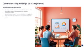 Communicating Findings to Management
Strategies for Executive Buy-In
• Present clear, actionable summaries tailored specifically to decision-makers
• Use compelling visuals: risk matrices, exposure level charts, and
implementation timelines
• Highlight cost-benefit analysis of recommended controls for budget approval
• Engage management early in the process to secure support and necessary
resources
 