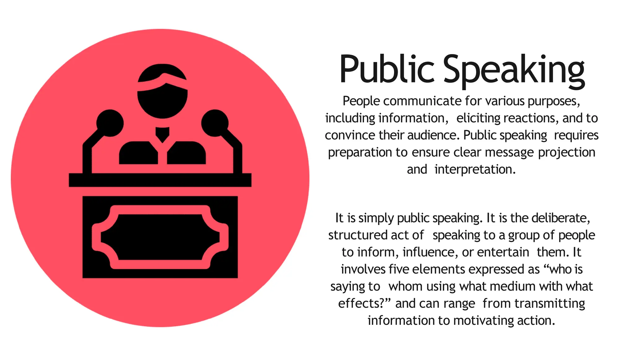 Public Speaking
People communicate for various purposes,
including information, eliciting reactions, and to
convince their audience. Public speaking requires
preparation to ensure clear message projection
and interpretation.
It is simply public speaking. It is the deliberate,
structured act of speaking to a group of people
to inform, influence, or entertain them. It
involves five elements expressed as “who is
saying to whom using what medium with what
effects?” and can range from transmitting
information to motivating action.
 