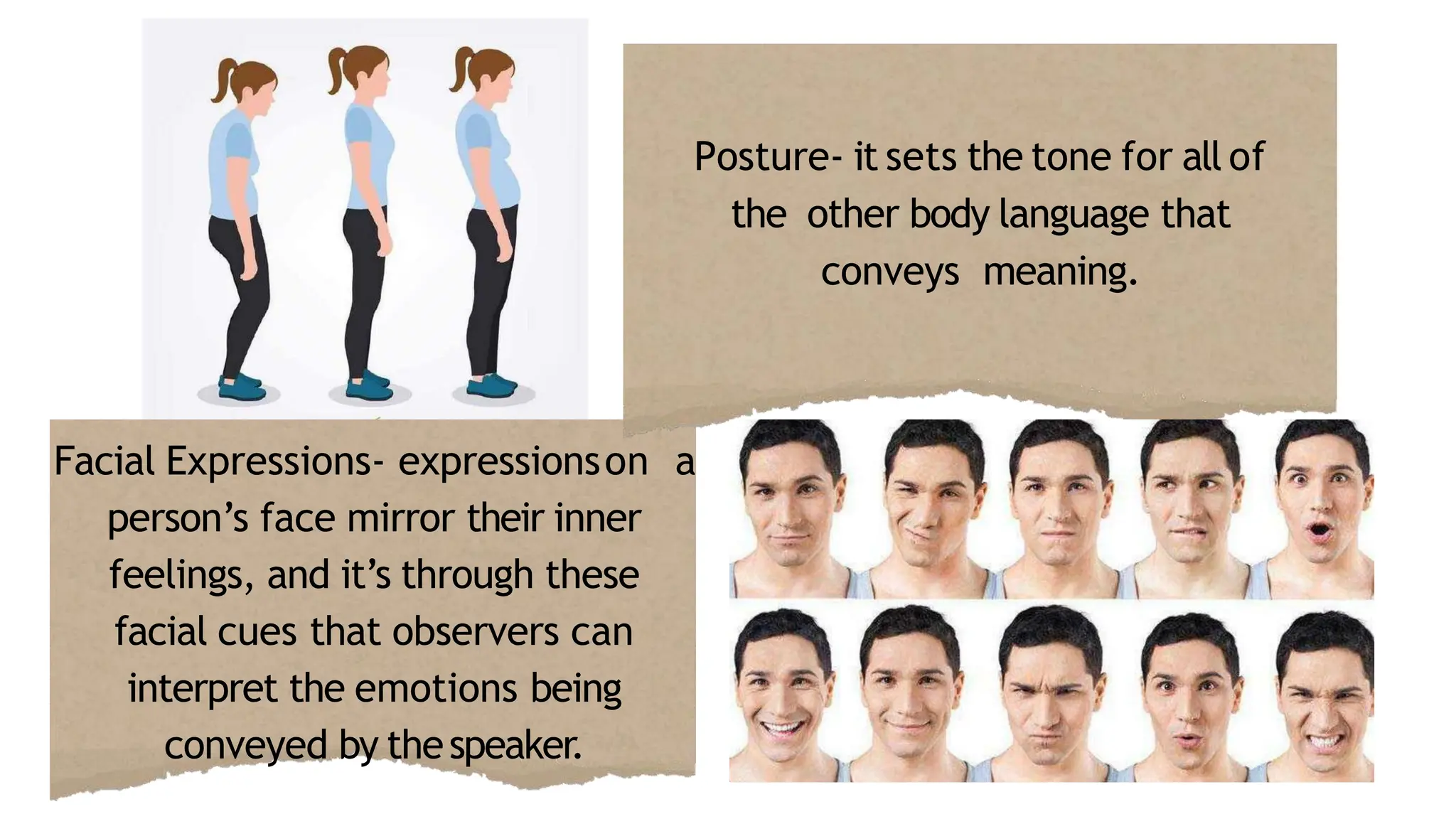 Posture- it sets the tone for all of
the other body language that
conveys meaning.
Facial Expressions- expressionson a
person’s face mirror their inner
feelings, and it’s through these
facial cues that observers can
interpret the emotions being
conveyed by thespeaker.
 