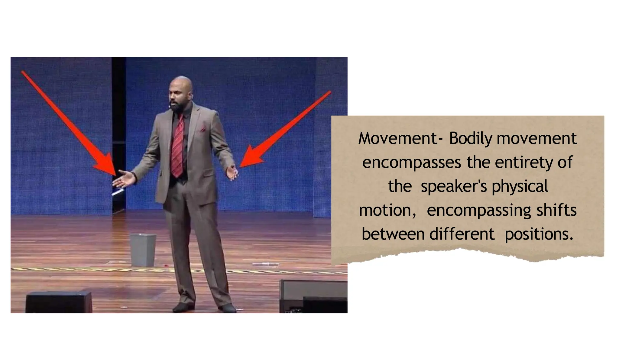 Movement- Bodily movement
encompasses the entirety of
the speaker's physical
motion, encompassing shifts
between different positions.
 