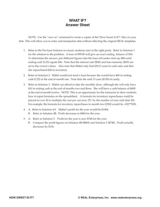 WHAT IF?
                                                Answer Sheet


              NOTE: Use the “save as” command to create a copies of the“How Sweet Is It?” files on your
      disk. This will allow you to enter and manipulate data without affecting the original REAL templates.


          1.   Refer to the Pre-loan Solution to ensure students start at the right point. Refer to Solution 1
               for the solution to the problem. A loan of $99.00 will give an exact ending balance of $50.
               To determine the answer, put different figures into the loan cell under start-up (B6) until
               ending cash (C25) equals $50. Note that the interest rate (B28) and loan maturity (B29) are
               set to the correct values. Also note that Mabel only had $30 (3 cans) in cash sales and that
               she repurchased $20 in inventory.

          2.   Refer to Solution 2. Mabel would not need a loan because she would have $60 in ending
               cash (C25) at the end of month one. Note that she sold 13 cans ($130) of candy.

          3.   Refer to Solution 3. Mabel can afford to take the monthly draw, although she will only have
               $10 in ending cash at the end of months two and three. She will have a cash balance of $890
               at the end of month twelve. NOTE: This is an opportunity for the instructor to show students
               how to input formulas on the spreadsheet. A formula for inventory repurchases could be
               placed on row 20 to multiply the cost per can (row 27) by the number of cans sold (line 28).
               For example, the formula for inventory repurchases in month two (D20) would be =D27*D28.

          4.   A. Refer to Solution 4A. Mabel’s profit for the year would be $1404.
               B. Refer to Solution 4B. Profit decreases to $884 for the year.

          5.   A. Refer to Solution 5. Profit for the year is now $748 for the year.
               B. Compare the profit figures on Solution 4B ($884) and Solution 5 ($748). Profit actually
                  decreases by $136.




HOW SWEET IS IT?                                           © REAL Enterprises, Inc. www.realenterprises.org
 