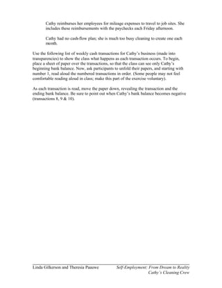 Cathy reimburses her employees for mileage expenses to travel to job sites. She
       includes these reimbursements with the paychecks each Friday afternoon.

       Cathy had no cash-flow plan; she is much too busy cleaning to create one each
       month.

Use the following list of weekly cash transactions for Cathy’s business (made into
transparencies) to show the class what happens as each transaction occurs. To begin,
place a sheet of paper over the transactions, so that the class can see only Cathy’s
beginning bank balance. Now, ask participants to unfold their papers, and starting with
number 1, read aloud the numbered transactions in order. (Some people may not feel
comfortable reading aloud in class; make this part of the exercise voluntary).

As each transaction is read, move the paper down, revealing the transaction and the
ending bank balance. Be sure to point out when Cathy’s bank balance becomes negative
(transactions 8, 9 & 10).




Linda Gilkerson and Theresia Paauwe             Self-Employment: From Dream to Reality
                                                                 Cathy’s Cleaning Crew
 