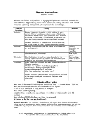 Daycare Auction Game
                                              Theresia Paauwe


Trainers can use this lively exercise to engage participants in a discussion about several
relevant topics: 1) prioritizing needs versus wants when starting a business with limited
resources. 2) money management 3) being resourceful and strategic.

  Time and                                         Activity                                          Materials
 Technique
5 minutes         Explain the auction simulation in which bidders, all future
                  owners of home-based daycare businesses, will be bidding
                  on items for their business. Each person will make decisions
                  about how to spend their $100 by bidding on the items they
                  think are most important to the success of their business.

                  Ask for 6 volunteers – 5 will be bidders at the auction and 1
                  will be the banker (to collect payment for items purchased)
5 minutes         Read the situation description and the list of packages that                  Situation
                  are up for auction.                                                           description and
                                                                                                packages
                                                                                                (attached)
                  Distribute $100 to each bidder                                                $100 in play
                                                                                                money
20 minutes        Start the bidding. As each item is purchased, give the                        Each package
                  winning bidder her “item” (a 3x5 card with item written on it.                written on a 3x5
                  Make sure she records the amount she spent.                                   card
10 minutes        When the auction is finished, ask each bidder to answer the
                  following questions:
                  What did you buy? How much did you pay for it?
                  What was your thinking in getting this item?
                  Were you pleased with your purchase?
                  Was there another item you wanted more?

                  Ask the observers, (the rest of the class) about their reactions
                  to the bidders’ strategies. What would they have done
                  differently?

                                        Situation Description
You want to start an residential daycare for children ages 3 -5, from 6:00 am - 6:00 pm.
You purchased the vacant home next door to house the daycare .
It is a bi- level home with a large, fenced- in backyard
You have 6 clients signed up.
Once the house is ready, you are confident you will receive licensing for up to 12
children.
You only have $100 left to buy everything else you need.
Welcome to the Daycare Auction Game!!.
Note from the author: This exercise is a blast and never fails to get a strong reaction. People do funny
things…like bid on items they don’t want to make the bidding go higher while they themselves hold onto their
cash for what they really want. Some borrow money, others form partnerships to increase their buying
power.



        © 2002 Business Matters Training Resources, Inc., 49 Boone Village, #303, Zionsville, IN 46077-1231
                   Phone (317) 769-6383 www.BusinessMattersTR.com Fax (317) 769-5052
 