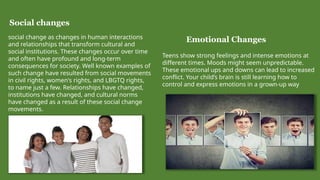 Social changes
social change as changes in human interactions
and relationships that transform cultural and
social institutions. These changes occur over time
and often have profound and long-term
consequences for society. Well known examples of
such change have resulted from social movements
in civil rights, women's rights, and LBGTQ rights,
to name just a few. Relationships have changed,
institutions have changed, and cultural norms
have changed as a result of these social change
movements.
Emotional Changes
Teens show strong feelings and intense emotions at
different times. Moods might seem unpredictable.
These emotional ups and downs can lead to increased
conflict. Your child’s brain is still learning how to
control and express emotions in a grown-up way
 