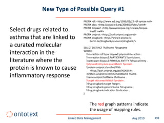 New Type of Possible Query #1
                               PREFIX rdf: <http://www.w3.org/1999/02/22-rdf-syntax-ns#>
                               PREFIX skos: <http://www.w3.org/2004/02/skos/core#>

Select drugs related to        PREFIX biopax2: <http://www.biopax.org/release/biopax-
                                    level2.owl#>
                               PREFIX uniprot: <http://purl.uniprot.org/core/>
asthma that are linked to      PREFIX drugbank: <http://www4.wiwiss.fu-
                                    berlin.de/drugbank/resource/drugbank/>
a curated molecular            SELECT DISTINCT ?fullname ?drugname

interaction in the             WHERE {
                                 ?interaction rdf:type biopax2:physicalInteraction .
                                 ?interaction biopax2:PARTICIPANTS ?participant .
literature where the             ?participant biopax2:PHYSICAL-ENTITY ?physicalEntity .
                                 ?physicalEntity skos:exactMatch ?protein .
protein is known to cause        ?protein uniprot:classifiedWith
                                    <http://purl.uniprot.org/go/0006954>.

inflammatory response            ?protein uniprot:recommendedName ?name.
                                 ?name uniprot:fullName ?fullname .
                                 ?target skos:exactMatch ?protein .
                                 ?drug drugbank:target ?target .
                                 ?drug drugbank:genericName ?drugname .
                                 ?drug drugbank:indication ?indication .
                               }



                                    The red graph patterns indicate
                                    the usage of mapping rules.
                     Linked Data Management                              Aug 2010          #98
 