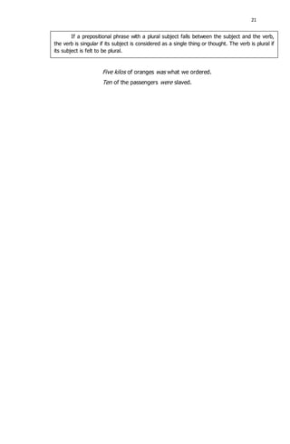 21 
If a prepositional phrase with a plural subject falls between the subject and the verb, 
the verb is singular if its subject is considered as a single thing or thought. The verb is plural if 
its subject is felt to be plural. 
Five kilos of oranges was what we ordered. 
Ten of the passengers were slaved. 
 
