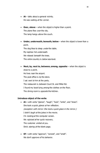 30 
 At – talks about a general vicinity. 
He was waiting at the corner. 
 Over, above – when the object is higher than a point. 
The plane flew over the city. 
The lamp hangs above the couch. 
 Under, underneath, beneath, below – when the object is lower than a 
point. 
The dog likes to sleep under the table. 
My nephew hid underneath. 
We relaxed beneath the trees. 
The entire country is below sea-level. 
 Next, by, next to, between, among, opposite – when the object is 
close to a point. 
He lives near the airport. 
The post office is by the store. 
I sat next to him at the party. 
The restaurant is between Court St. and Miller Rd. 
I found my book lying among the clothes on the floor. 
The dining room is opposite the kitchen. 
Introduce object of the verbs 
 At – with verbs “glance”, “laugh”, “look”, “smile”, and “share”. 
She took a quick glance at her reflection. 
(exception with mirror: She took a quick glace in the mirror.) 
I didn’t laugh at the jokes in the movie. 
I’m looking at the computer screen. 
We rejoiced at her quick recovery. 
The customer smiled at you. 
She’s staring at the blank page. 
 Of – with verbs “approve”, “consist”, and “smell”. 
We don’t approve of his behavior. 
 