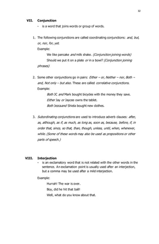 32 
VII. Conjunction 
- is a word that joins words or group of words. 
1. The following conjunctions are called coordinating conjunctions: and, but, 
or, nor, for, yet. 
Example: 
We like pancake and milk shake. (Conjunction joining words) 
Should we put it on a plate or in a bowl? (Conjunction joining 
phrases) 
2. Some other conjunctions go in pairs: Either – or, Neither – nor, Both – 
and, Not only – but also. These are called correlative conjunctions. 
Example: 
Both JC and Mark bought bicycles with the money they save. 
Either Jay or Jaycee owns the tablet. 
Both Jezcaand Shiela bought new clothes. 
3. Subordinating conjunctions are used to introduce adverb clauses: after, 
as, although, as if, as much, as long as, soon as, because, before, if, in 
order that, since, so that, than, though, unless, until, when, whenever, 
while. (Some of these words may also be used as prepositions or other 
parts of speech.) 
VIII. Interjection 
- is an exclamatory word that is not related with the other words in the 
sentence. An exclamation point is usually used after an interjection, 
but a comma may be used after a mild interjection. 
Example: 
Hurrah! The war is over. 
Boy, did he hit that ball! 
Well, what do you know about that. 
