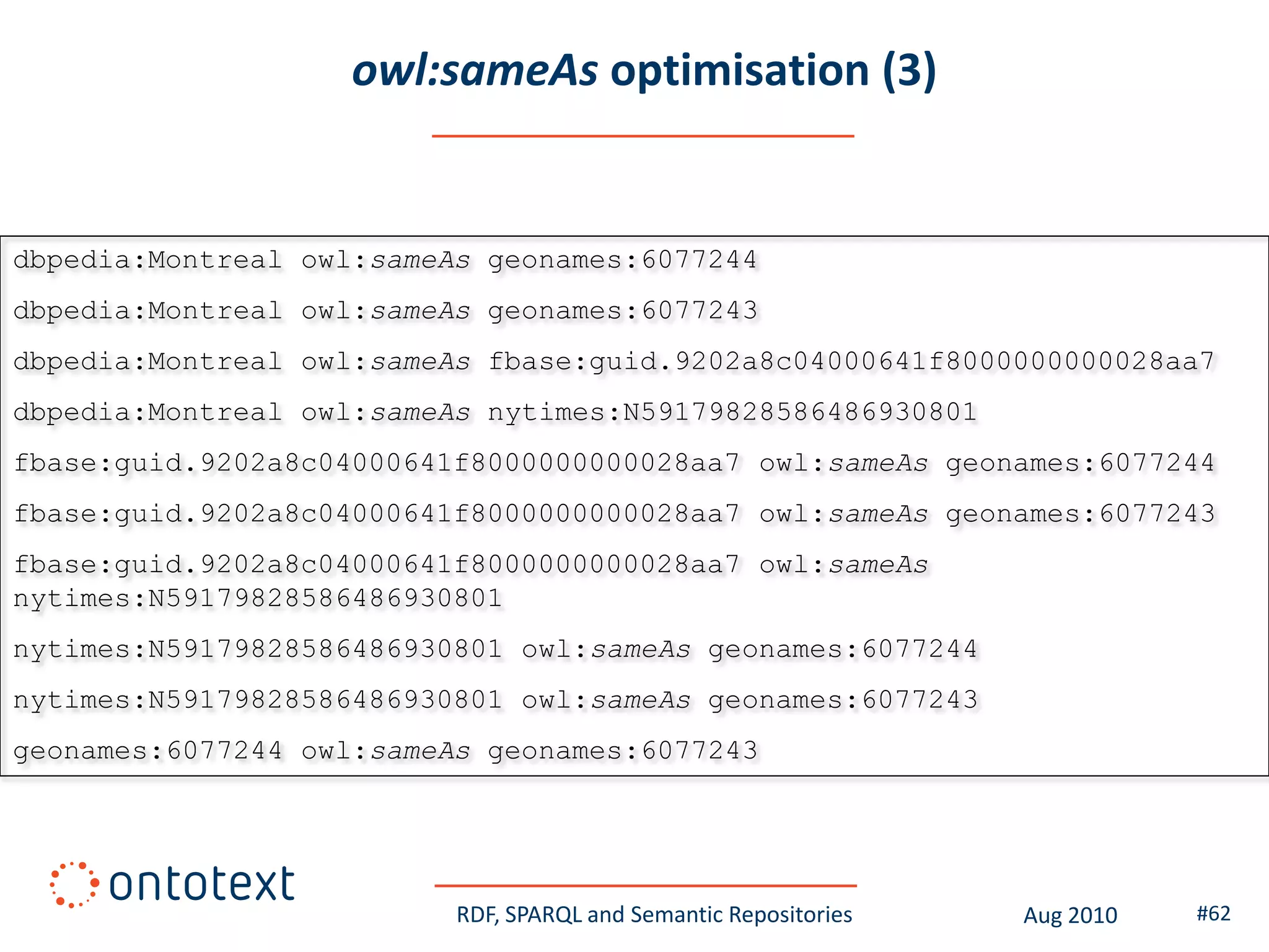 owl:sameAs optimisation (3)


dbpedia:Montreal owl:sameAs geonames:6077244
dbpedia:Montreal owl:sameAs geonames:6077243
dbpedia:Montreal owl:sameAs fbase:guid.9202a8c04000641f8000000000028aa7
dbpedia:Montreal owl:sameAs nytimes:N59179828586486930801
fbase:guid.9202a8c04000641f8000000000028aa7 owl:sameAs geonames:6077244
fbase:guid.9202a8c04000641f8000000000028aa7 owl:sameAs geonames:6077243
fbase:guid.9202a8c04000641f8000000000028aa7 owl:sameAs
nytimes:N59179828586486930801
nytimes:N59179828586486930801 owl:sameAs geonames:6077244
nytimes:N59179828586486930801 owl:sameAs geonames:6077243
geonames:6077244 owl:sameAs geonames:6077243




                          RDF, SPARQL and Semantic Repositories   Aug 2010   #62
 